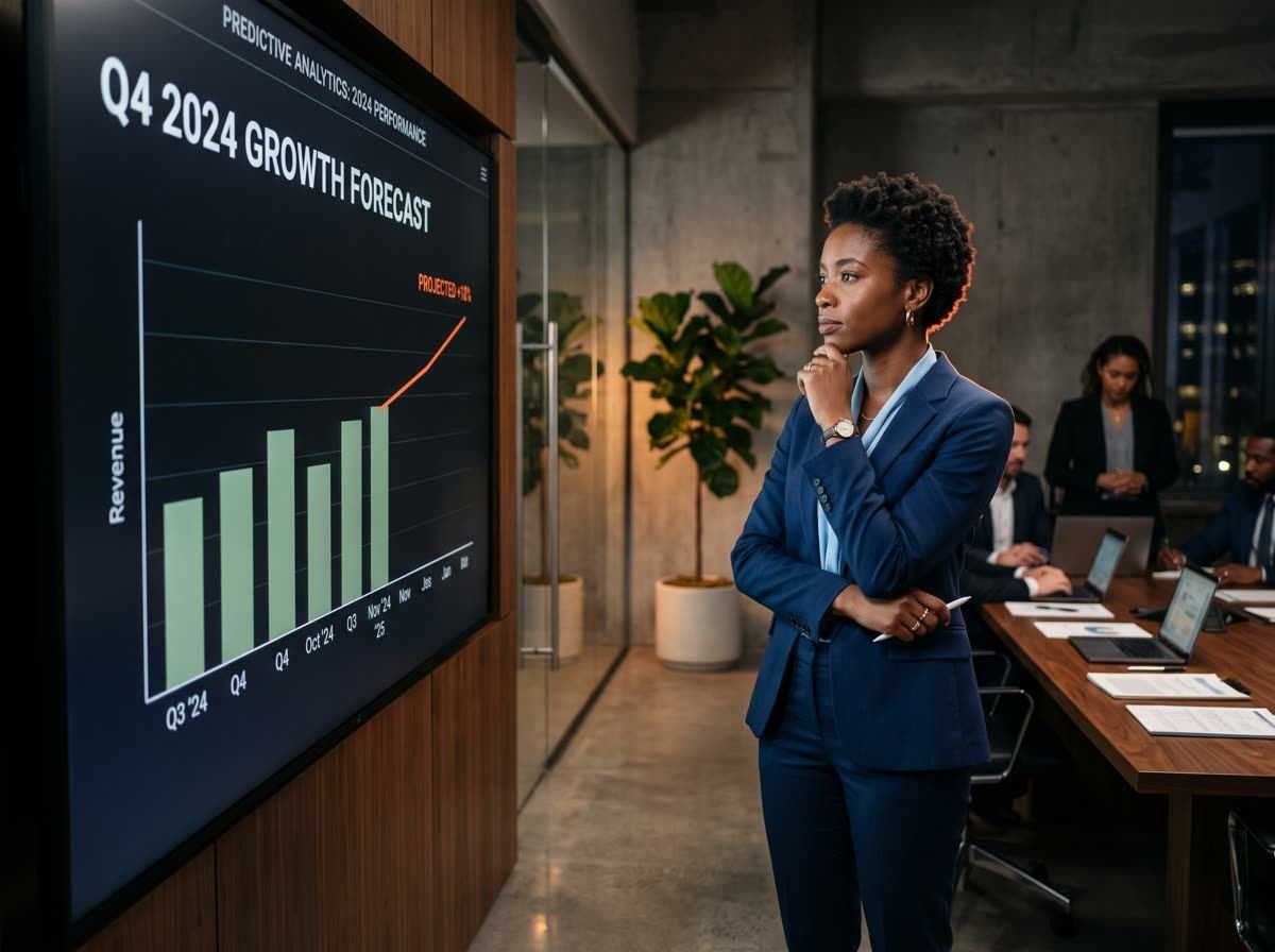 A data analyst studying a forecast chart on a large wall screen
