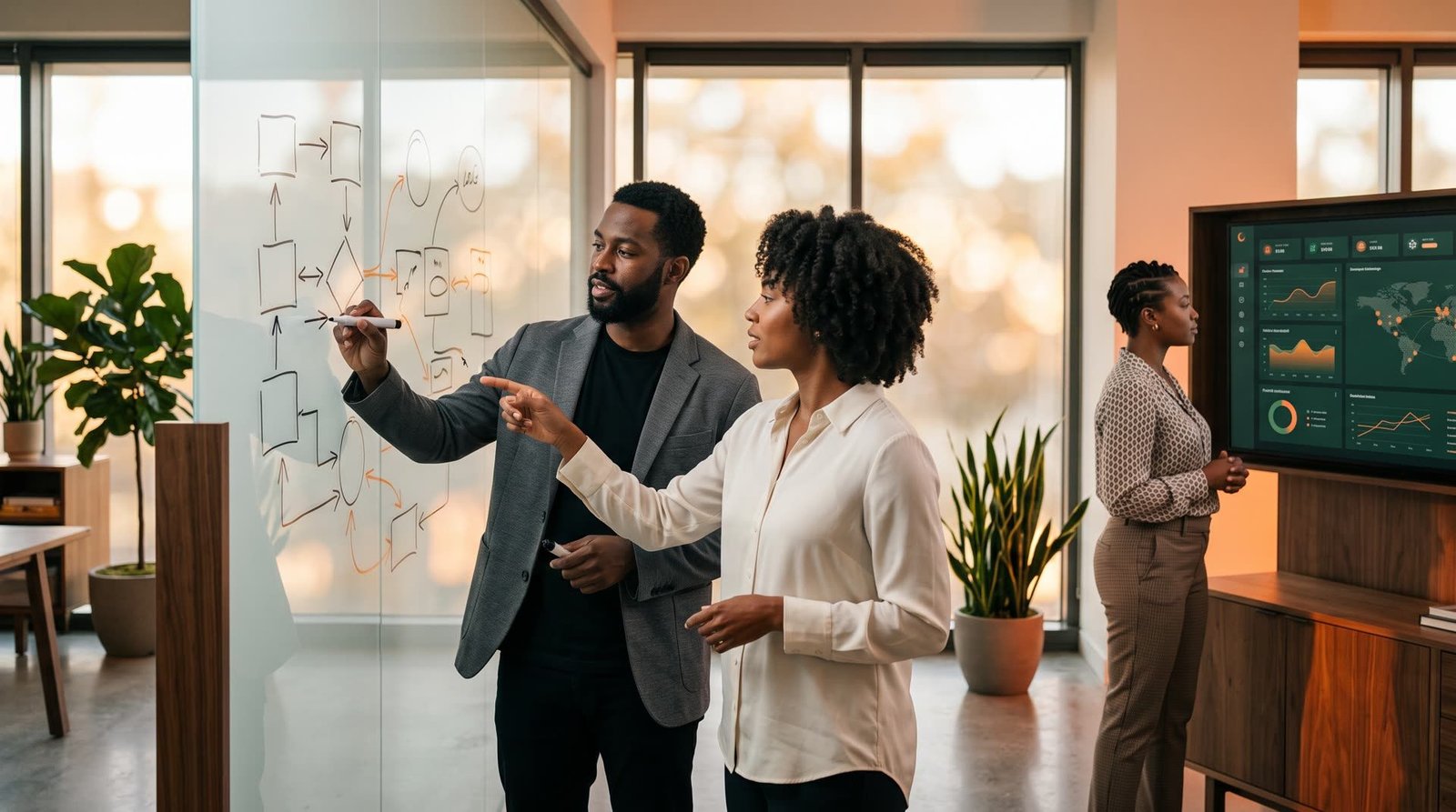 A LoftiLab-style engineering team collaborating at a glass whiteboard while a colleague reviews a data dashboard