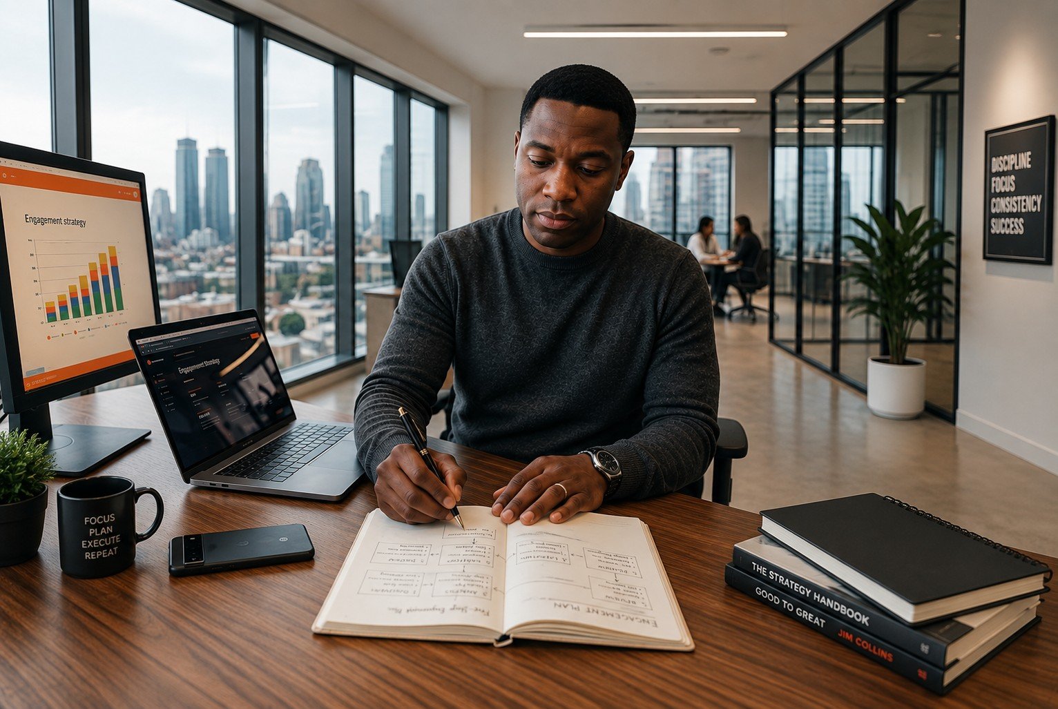 A consultant planning a financial workflow in a notebook beside a laptop